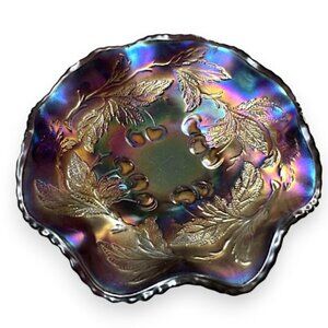 Dugan Purple Amethyst Carnival Glass Cherries Fruit Ruffled Iridescent Bowl Dish